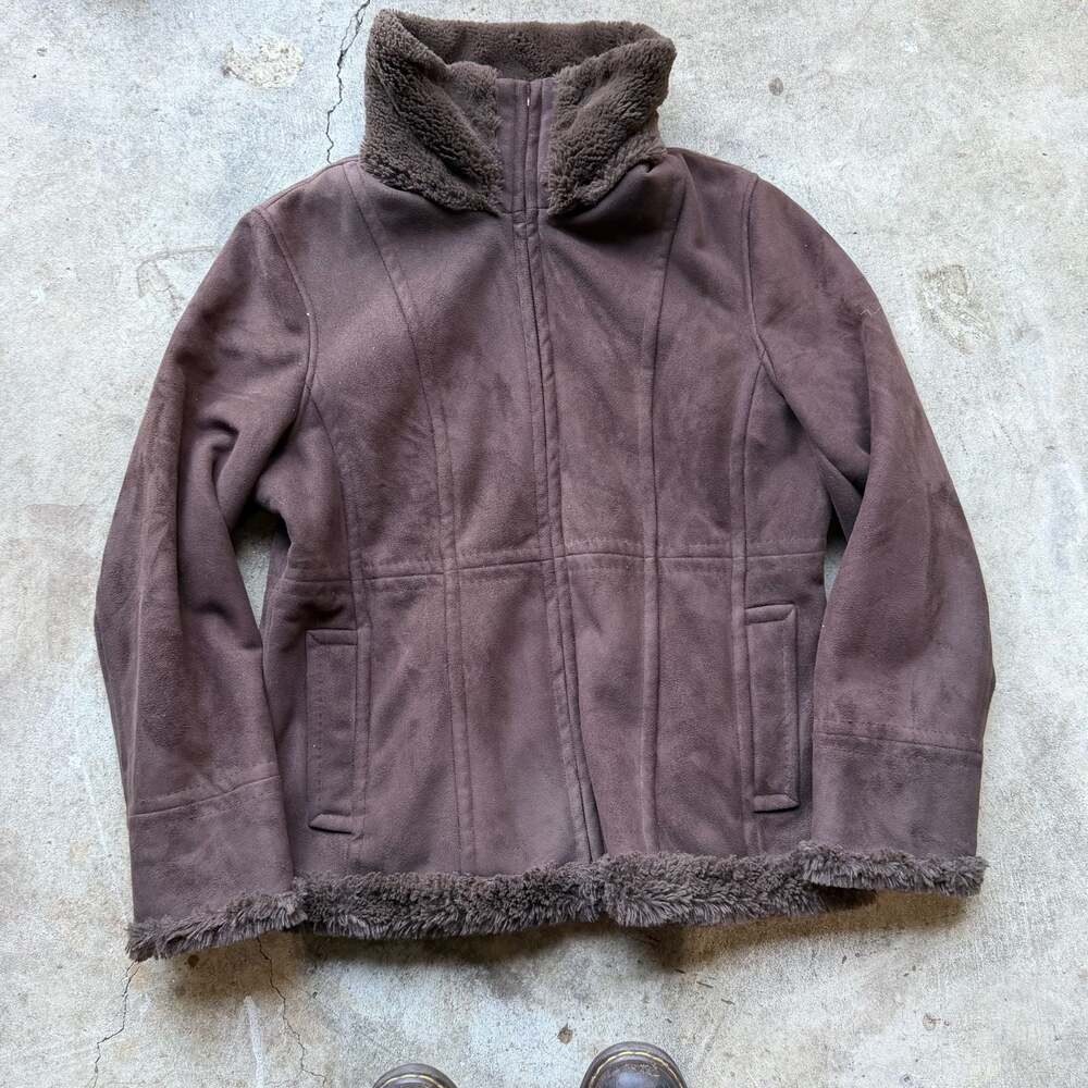 High Sierra Brown Faux Suede Faux Fur Trim Jacket, Size L